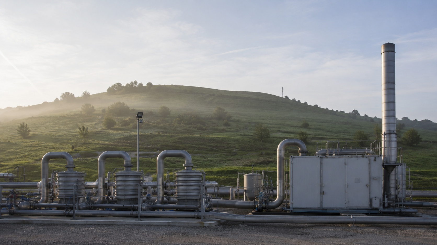 Stazione di estrazione del biogas con soffianti e torcia di sicurezza davanti a una discarica chiusa e rinaturalizzata