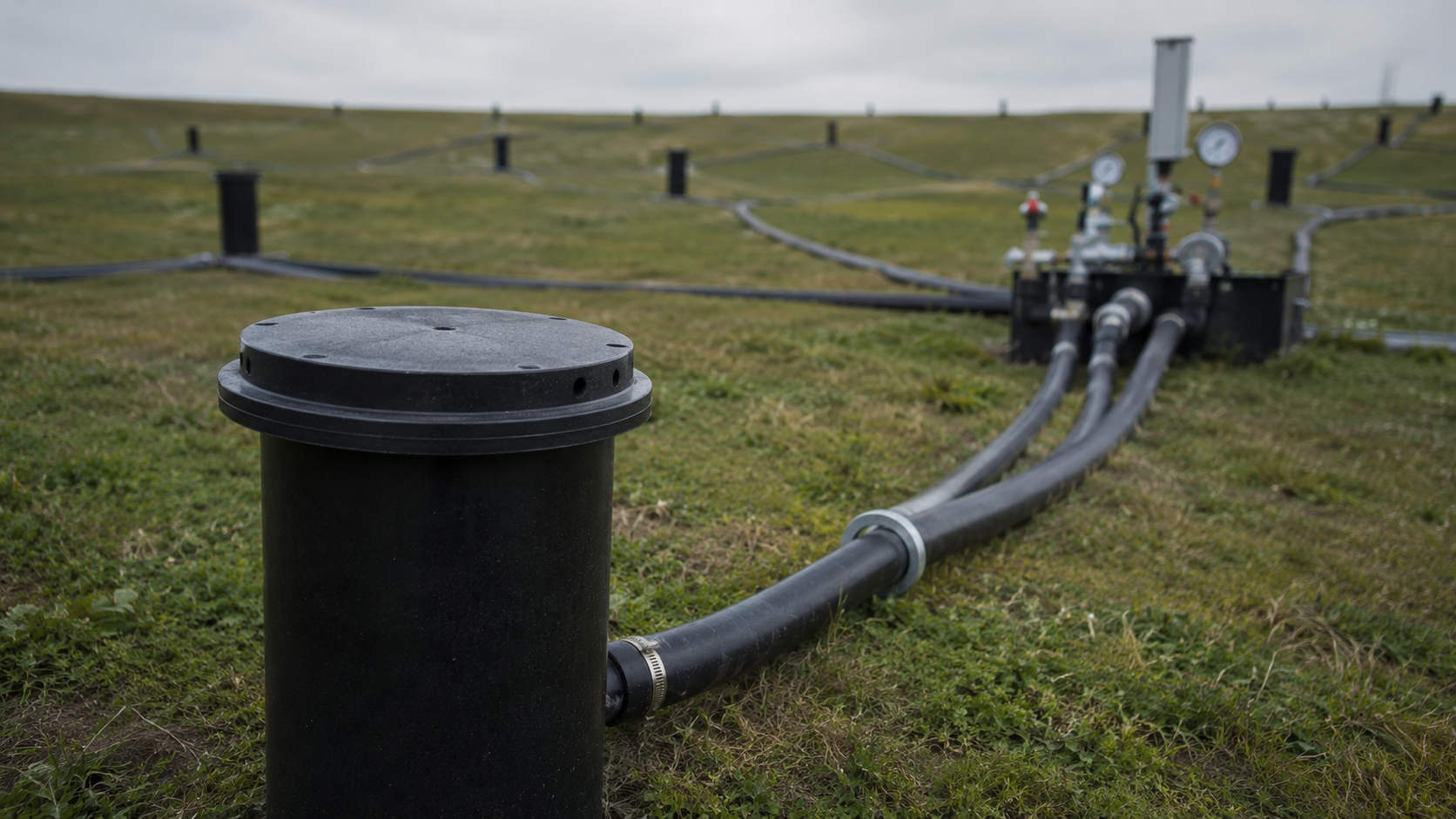 Testa di pozzo di captazione del biogas in HDPE con collettori e stazione di regolazione su corpo discarica
