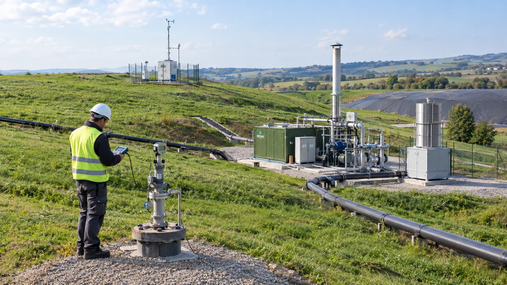 Tecnico che misura il biogas a un pozzo di captazione in una discarica chiusa, durante il monitoraggio ambientale dell’impianto